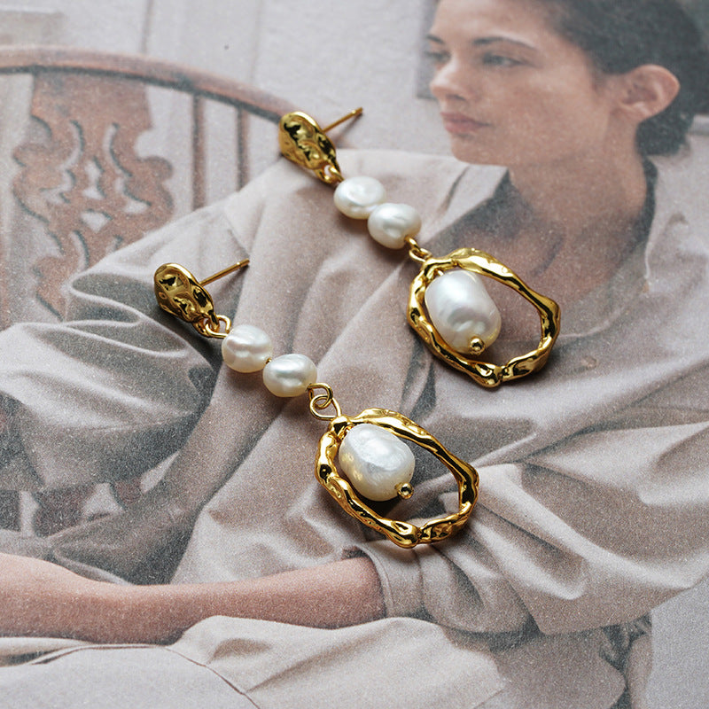 Natural Pearl Earrings Female Temperament Advanced Long Retro